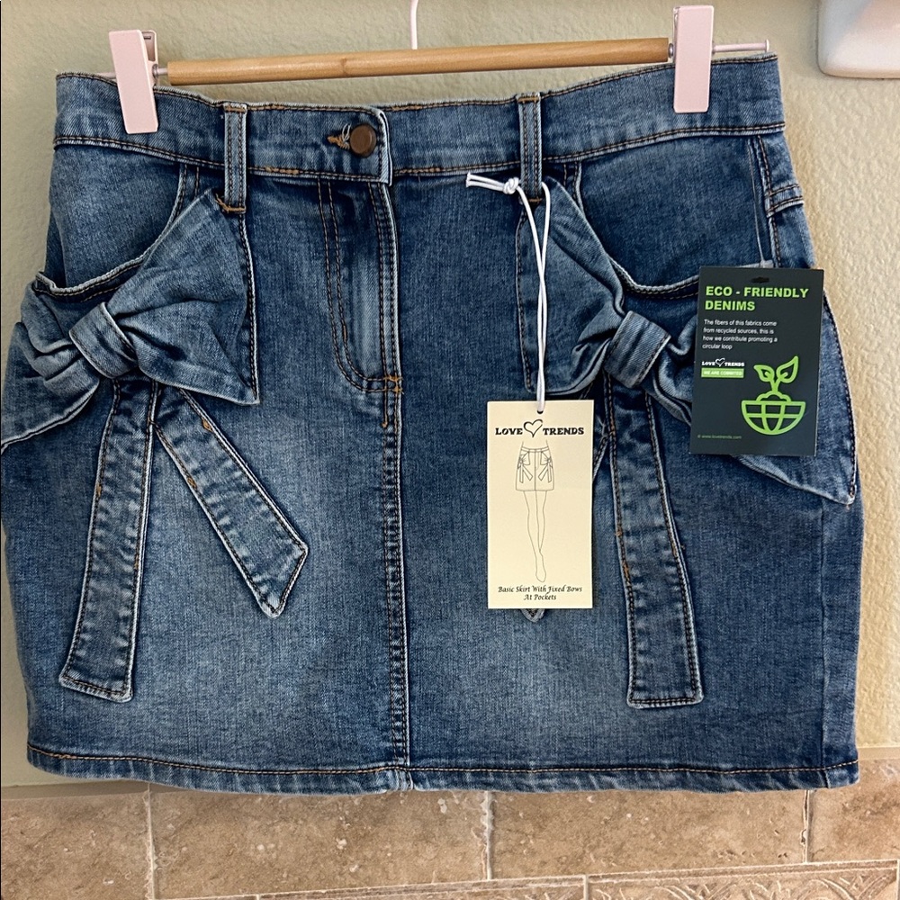 Blue Denim Skirt with Bow Detail